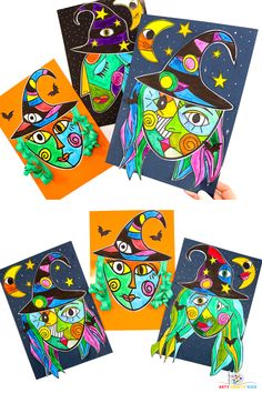 four colorful cards with different designs on them, one has a witch hat and the other has