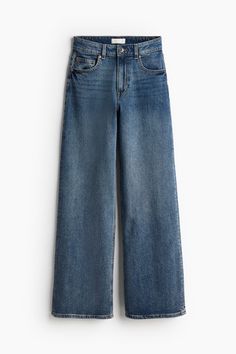 5-pocket jeans in washed cotton denim. High waist  zip fly and button and straight  wide legs. High Quality Jeans, Trendy H&m Medium Wash Jeans, H&m High Waist Denim Bottoms, H&m High Waist Denim Blue Jeans, Cheap H&m Medium Wash Jeans, H&m Medium Wash Denim Bottoms, Highwaisted Jeans, Cute Bottoms, Blouse Jeans