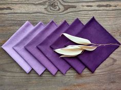 "Set 6pcs Blackberry shades cotton napkins for serving a festive dinner table. Excellent wedding table decoration. Exclusively hand dyed.  Color napkins - from deep purple to light violet.  Fabric - 100% cotton.   Edges of the napkins are not processed, look very natural and fashionable. The listing price is for set of 6 napkins Size to choose from: 12 \"x 12\" (30 cm), 15 \"x 15\" (40 cm),18 \"x 18\" (45 cm) Orders are accepted for the quantity you need. Washing at 30 o, you can iron at a high temperature. To create a harmonious design, when decorating a holiday, these napkins can be combined with  runners & ribbons:  https://www.etsy.com/listing/654043974/plum-wedding-gauze-runner-hand-dyed?ref=shop_home_active_2&pro=1 https://www.etsy.com/listing/680176403/dark-purple-ribbon-length-150c Festive Dinner Table, Purple Combination, Violet Fabric, Plum Wedding, Festive Dinner, Wedding Table Decoration, Light Violet, Lilac Wedding, Purple Shades