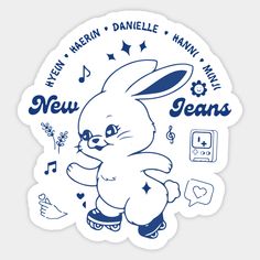 a sticker with an image of a rabbit on it's back and the words new