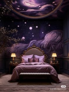 a large bed sitting under a purple sky filled with stars and planets in a bedroom