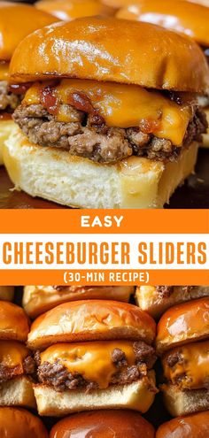 cheeseburger sliders are stacked on top of each other with the title overlay