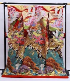 This Japanese wedding Uchikake kimono features Crane birds admiring the garden of Peonies and Wisteria.  Wear this beautiful robe on your wedding day or hang it as a display to admire daily. Vintage Japanese Kimonos are a unique and stunning piece of Japanese culture. Kimono's are made completely by hand and are considered a wearable work of art. Item: Uchikake Kimono Japanese Wedding Robe No. yukn396 Size: US  Large / Length  73inch , Width 26inch  Condition: Used, Very Good. Please check the p Japanese Costume, Red Kimono, Japanese Room, Japanese Wedding, Kimono Japanese, Wedding Kimono, Dress Kimono, Crane Bird, Gold Waves