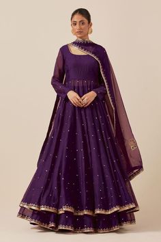 Purple anarkali with sequin hand embroidery and gathered detail. Paired with attached can can skirt and embroidered dupatta.
Components: 3
Pattern: Embroidered
Type Of Work: Sequin
Neckline: Scoop
Sleeve Type: Sheer
Fabric: Chanderi
Color: Purple
Other Details: 
Weight: 3 kgs
Length:
Anarkali: 55 inches
Skirt: 45 inches
Model is wearing size S
Occasion: Sangeet - Aza Fashions Anarkali Skirt, Anarkali Designs, Embroidered Anarkali, Anarkali Dress Pattern, Pakistani Wedding Outfits, Simple Pakistani Dresses, Violet Color, Designer Party Wear Dresses, Stylish Party Dresses