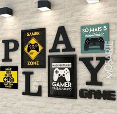 a wall with various video game signs on it