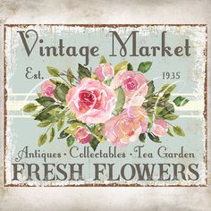 vintage market sign with pink roses and green leaves on blue background, for fresh flowers