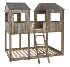 two children's wooden bunk beds, one with a ladder and the other without