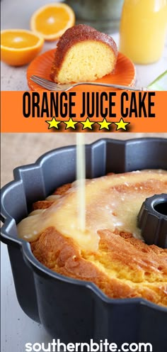 an orange juice cake is being served in a pan