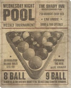 an old poster advertising a pool party with balls in a triangle on the front and back