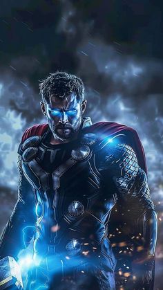 an image of a man dressed as the avengers in front of some clouds and lightning