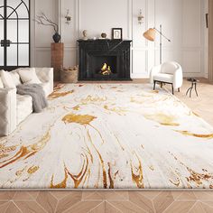 an elegant living room with white furniture and gold paint on the rug, along with a fireplace