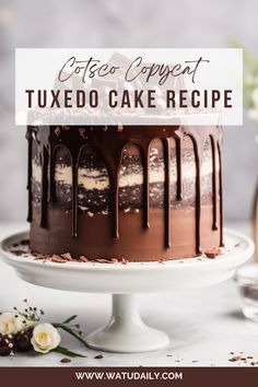 a close up of a cake on a plate with the title text overlay reads, costa coppert tuxedo cake recipe