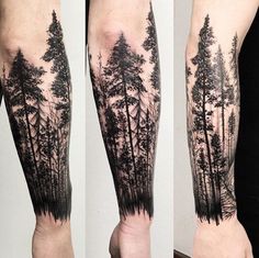 three different views of the same person's legs with trees on them, and one showing