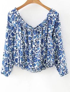 Printed Off The Shoulder Long Sleeve T-Shirt - BLUE S Backless Tankini, Crop Tops Online, Off The Shoulder Long Sleeve, Tops For Women, Black Crop Tops