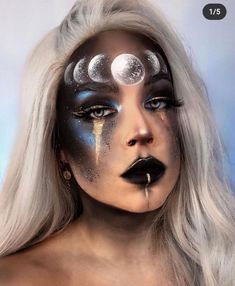 Nyx Goddess Makeup Looks, Out Of This World Makeup Ideas, Celestial Goddess Makeup, Creative Fantasy Makeup, Eclipse Makeup Ideas, Night Sky Makeup Look, Full Moon Makeup, Moon Goddess Makeup Halloween, Cosmic Witch Makeup