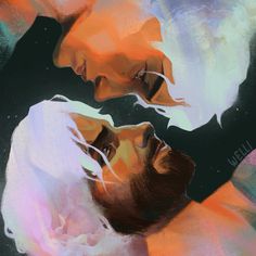 two people are touching each other with their heads close to one another and the background is multicolored