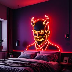 a bed with a neon devil head on the wall