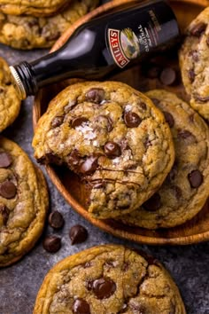 chocolate chip cookies and a bottle of beer