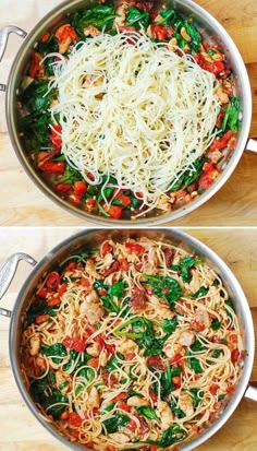 two pictures of spaghetti and vegetables being cooked in a skillet with the same amount of noodles