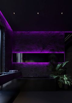 the bathroom is lit up with purple light and has a plant in front of it