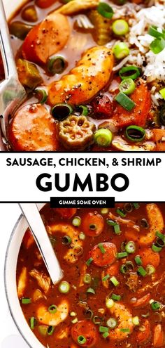 sausage, chicken, and shrimp gumbo soup in a white bowl