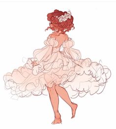 a drawing of a woman in a dress with flowers on her head and hands behind her back