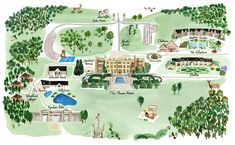 a watercolor map of a park with trees and buildings on it's sides