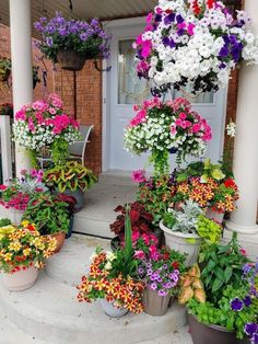 a bunch of flowers that are sitting in front of a door and on the steps