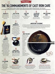 the 10 commandments of cast iron care info sheet with instructions on how to use an iron skillet