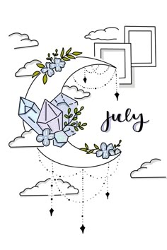 an illustration with the words july above it and flowers in front of a white background