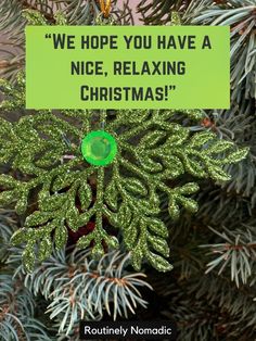 a green ornament hanging from a christmas tree with a sign that reads, we hope you have a nice, relaxing christmas