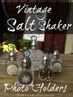 vintage salt shaker photo holders on a wooden table with text overlay that says vintage salt shaker photos