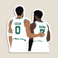 two basketball players in green and white uniforms