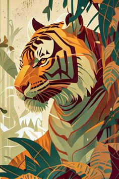 a tiger in the jungle surrounded by leaves