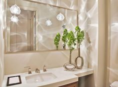 a bathroom with a sink, mirror and plants on the counter top in front of it