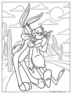 the lorax hugging his friend in front of a cactus and desert scene coloring page