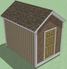 a small shed with a brown roof and two doors on the front door is shown