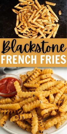 black stone french fries on a plate with ketchup