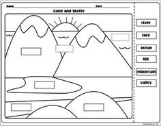 the land and water worksheet is shown in black and white with an image of mountains