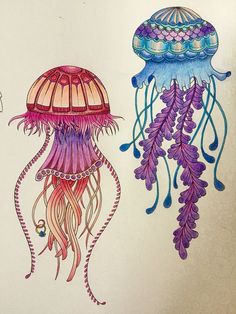 two colorful jellyfishs are shown in this drawing