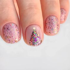 short tree inspired festive Christmas nails with rainbow glitter flakes Christmas Tree Nail Designs, Christmas Tree Nails, Tree Nails, Cute Christmas Nails, Christmas Gel Nails, Her Nails, Cute Gel Nails, Shellac Nails