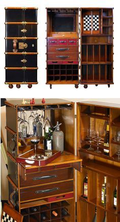 several different types of wooden shelves with wine glasses