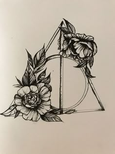 the deathly symbol with flowers and leaves is drawn in black ink on white paper