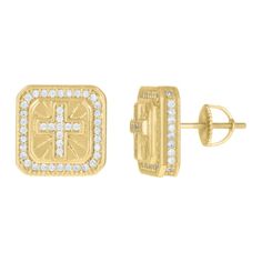 925 Sterling Silver Yellow-Tone Mens Cubic-Zirconia Square Cross Religious Stud Earrings, clasp: Screw Back, Polished, Metal weight: 4.49 gram Mens Cross Earrings, Stud Square Earrings, Square Earrings Studs Men, Square Cut Diamond Cubic Zirconia Earrings, Stud Earrings For Men, Earrings For Men, Yellow Tone, Bf Gifts, Square Earrings Studs