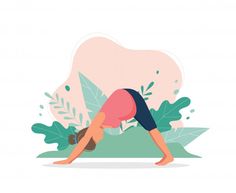 a woman is doing yoga in front of some plants and leaves with her hands behind her head