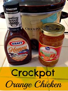 crockpot orange chicken is sitting on the counter next to an ice cream container