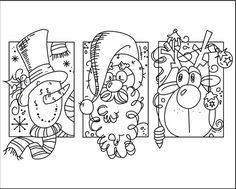 three christmas coloring pages with santa claus and snowman