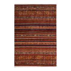 an orange, red and black striped rug with fringes on the bottom half of it