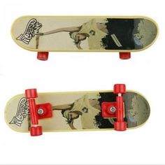 two skateboards with red handles are shown side by side on a white background, one has an image of a woman and the other is holding a man's hand