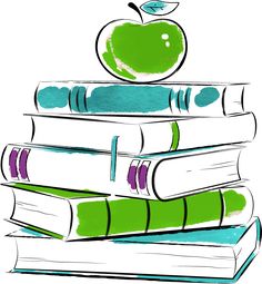 an apple is sitting on top of some books with green and white covers in front of it